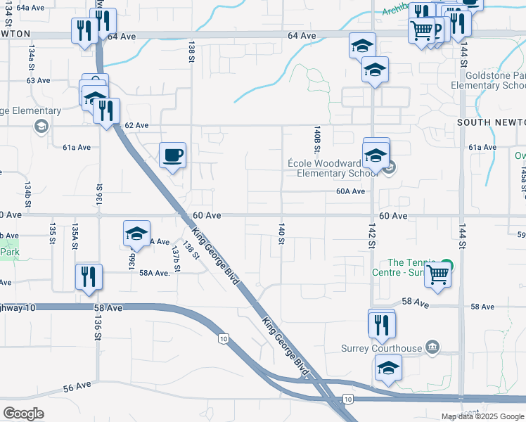 map of restaurants, bars, coffee shops, grocery stores, and more near 13963 60 Avenue in Surrey