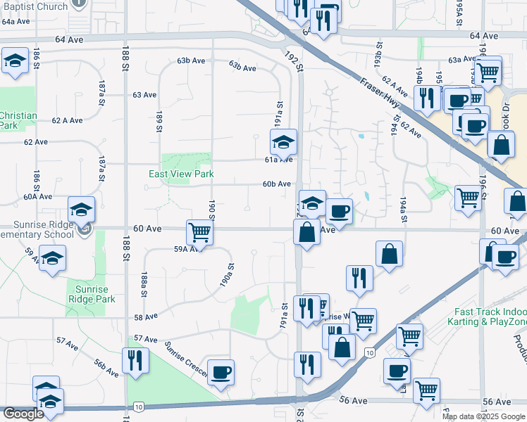 map of restaurants, bars, coffee shops, grocery stores, and more near 6039 191A Street in Surrey