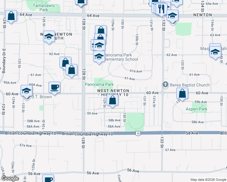 map of restaurants, bars, coffee shops, grocery stores, and more near 12953 60 Avenue in Surrey