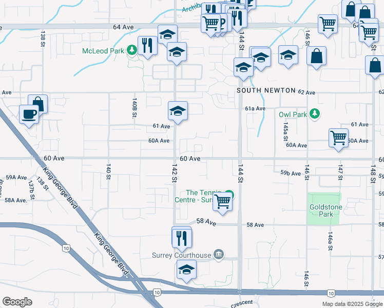 map of restaurants, bars, coffee shops, grocery stores, and more near 14271 60 Avenue in Surrey