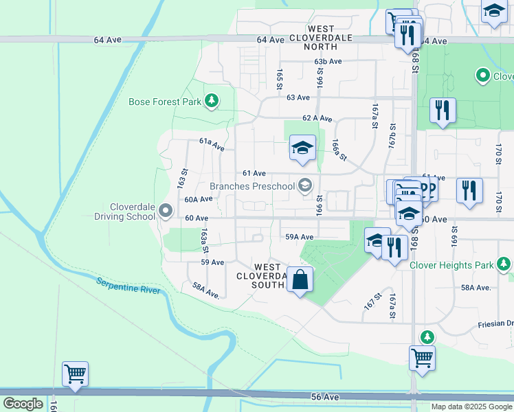 map of restaurants, bars, coffee shops, grocery stores, and more near 6036 164 Street in Surrey