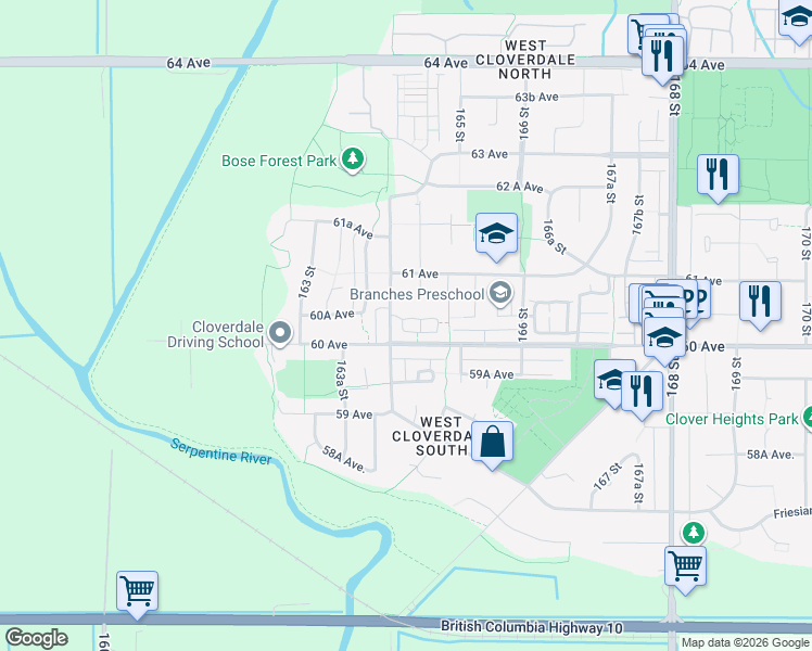 map of restaurants, bars, coffee shops, grocery stores, and more near 6036 164 Street in Surrey