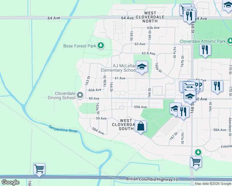 map of restaurants, bars, coffee shops, grocery stores, and more near 6036 164 Street in Surrey