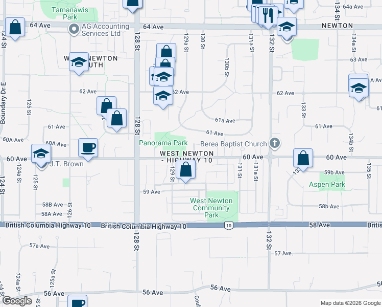 map of restaurants, bars, coffee shops, grocery stores, and more near 12965 60 Avenue in Surrey