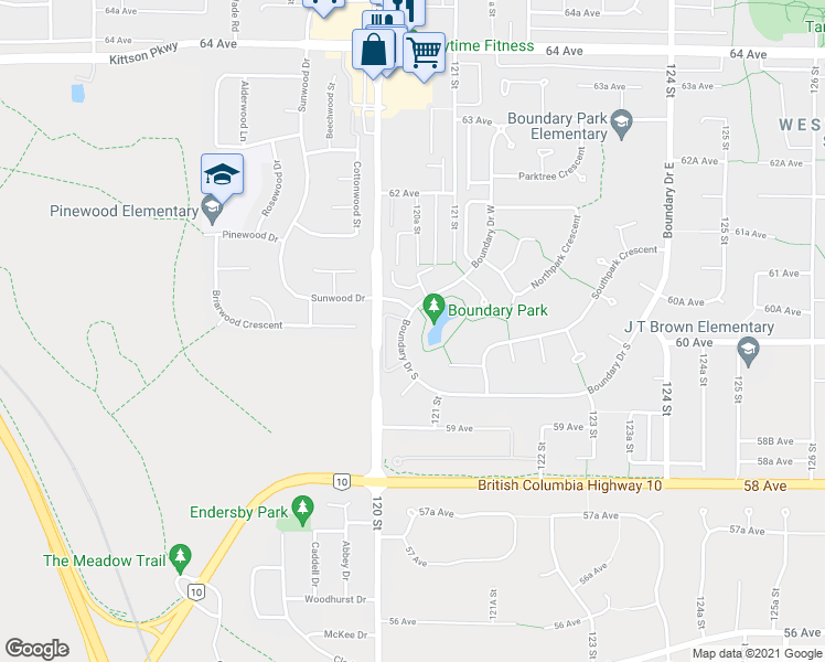 map of restaurants, bars, coffee shops, grocery stores, and more near 12019 Boundary Drive South in Surrey