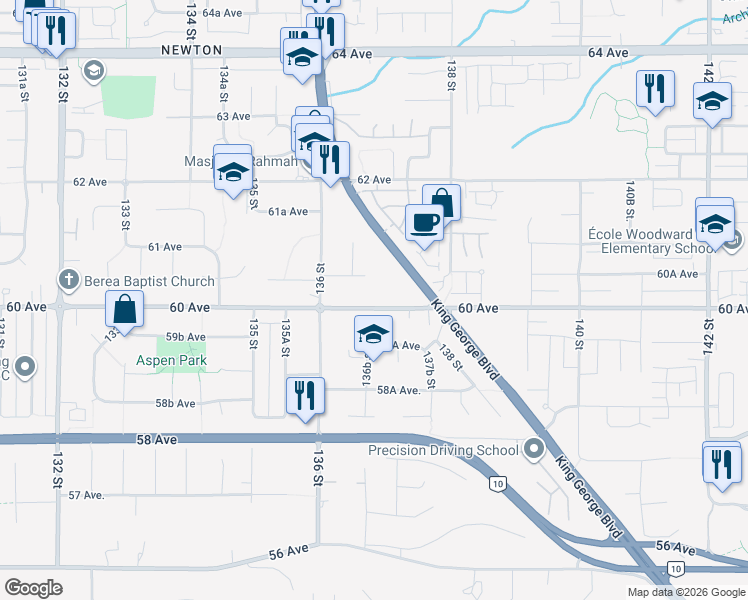 map of restaurants, bars, coffee shops, grocery stores, and more near 13681 60 Avenue in Surrey