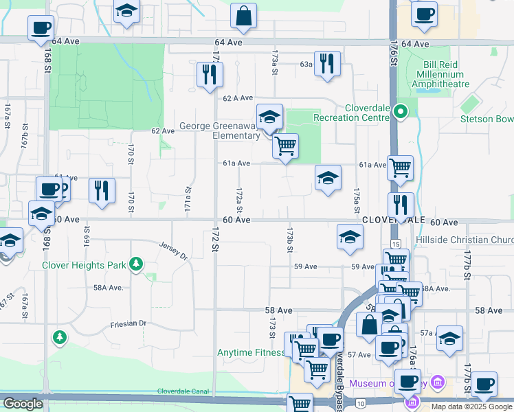 map of restaurants, bars, coffee shops, grocery stores, and more near 6035 172B Street in Surrey