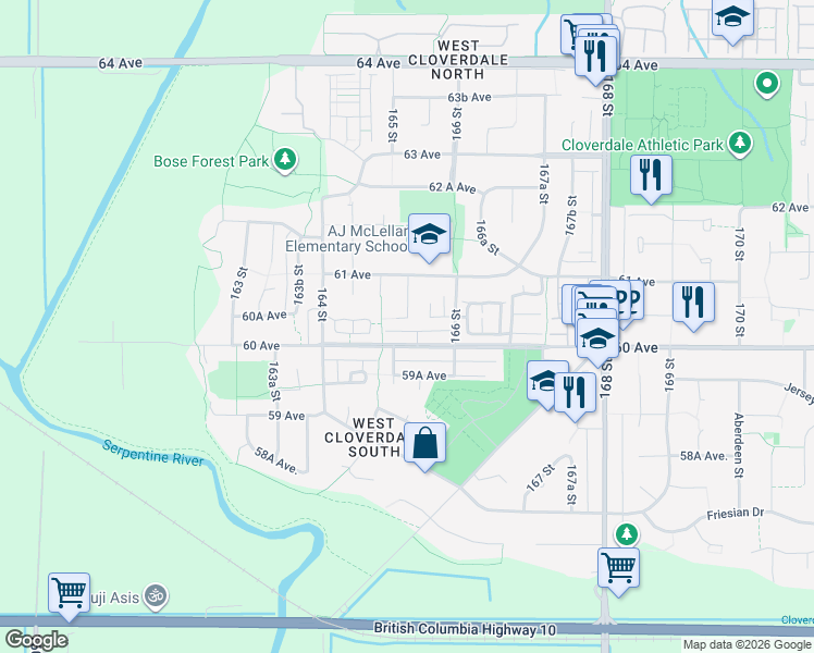 map of restaurants, bars, coffee shops, grocery stores, and more near 16492 60A Avenue in Surrey