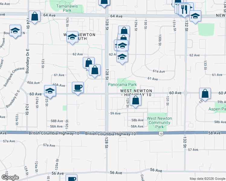 map of restaurants, bars, coffee shops, grocery stores, and more near 12835 60 Avenue in Surrey