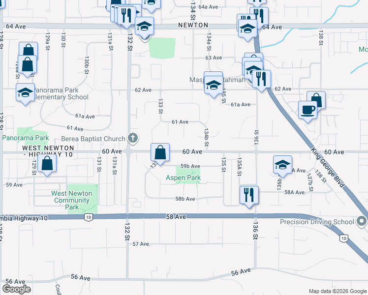 map of restaurants, bars, coffee shops, grocery stores, and more near 13385 60 Avenue in Surrey