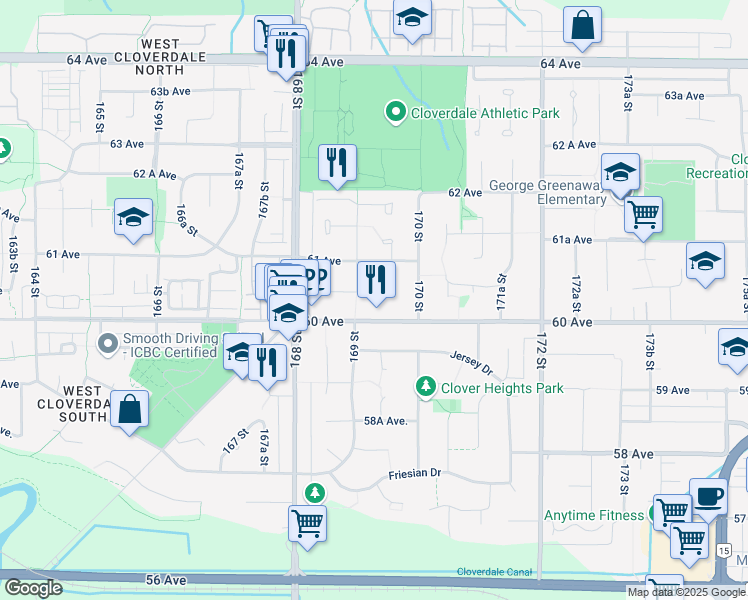 map of restaurants, bars, coffee shops, grocery stores, and more near 16932 60A Avenue in Surrey