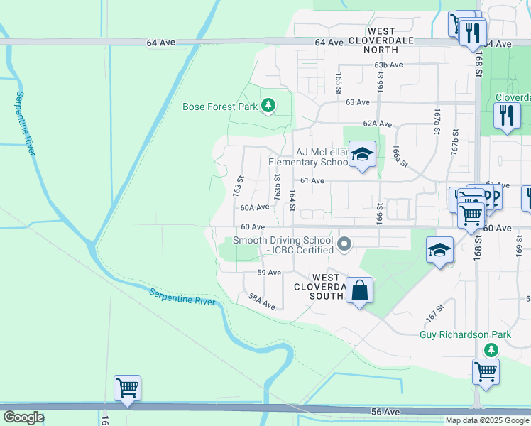 map of restaurants, bars, coffee shops, grocery stores, and more near 16364 60A Avenue in Surrey