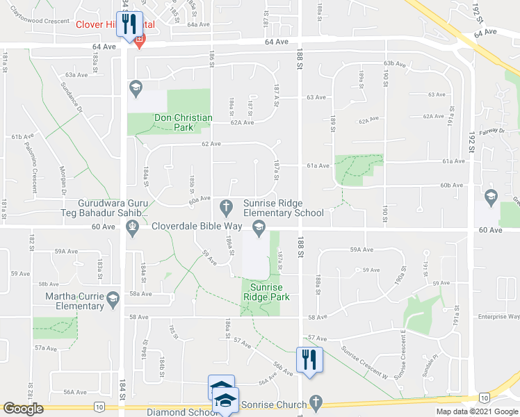 map of restaurants, bars, coffee shops, grocery stores, and more near 6038 187 Street in Surrey