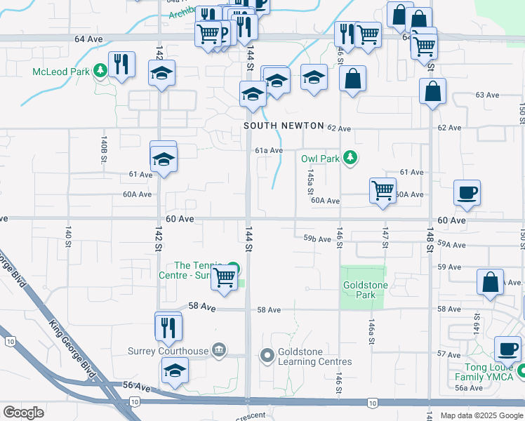 map of restaurants, bars, coffee shops, grocery stores, and more near in Surrey