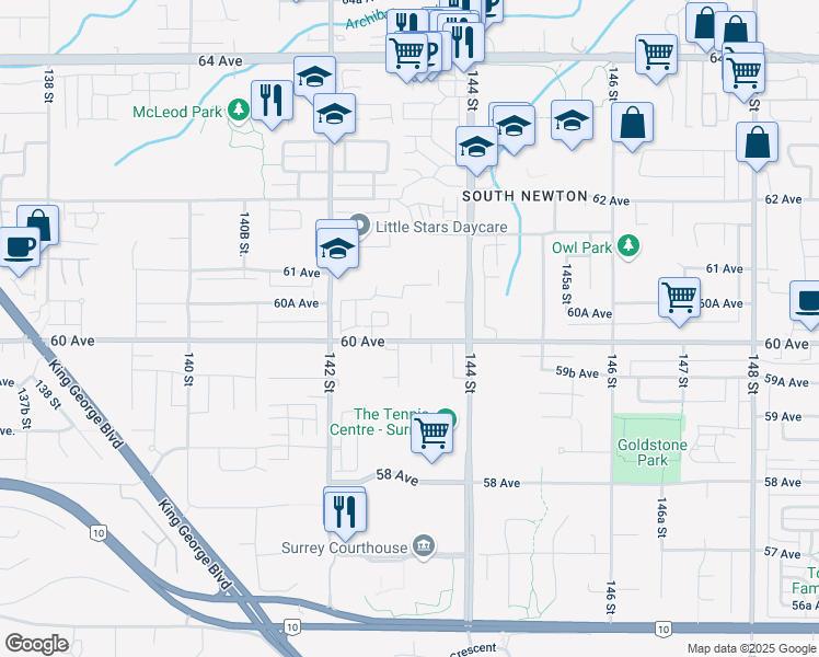 map of restaurants, bars, coffee shops, grocery stores, and more near 14311 60 Avenue in Surrey