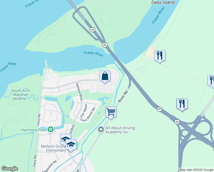 map of restaurants, bars, coffee shops, grocery stores, and more near 5550 Admiral Way in Delta
