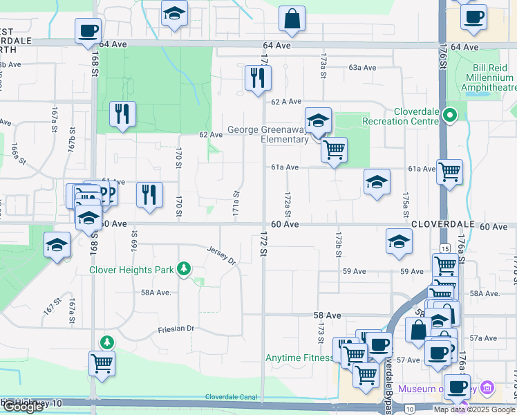 map of restaurants, bars, coffee shops, grocery stores, and more near 6055 172 Street in Surrey