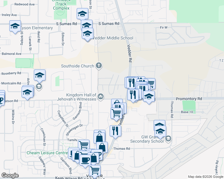map of restaurants, bars, coffee shops, grocery stores, and more near 6035 Vedder Road in Chilliwack
