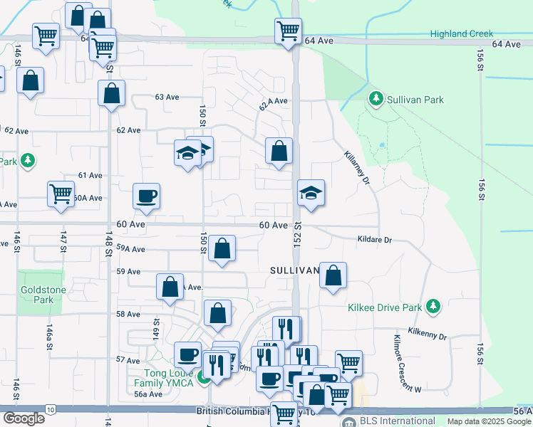map of restaurants, bars, coffee shops, grocery stores, and more near 15177 60 Avenue in Surrey