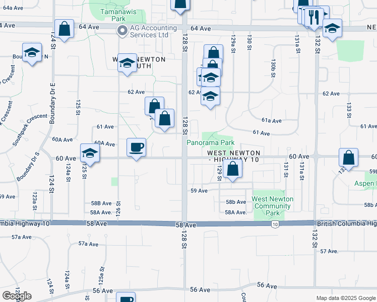 map of restaurants, bars, coffee shops, grocery stores, and more near 6024 128 Street in Surrey