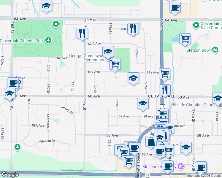 map of restaurants, bars, coffee shops, grocery stores, and more near 17346 60A Avenue in Surrey