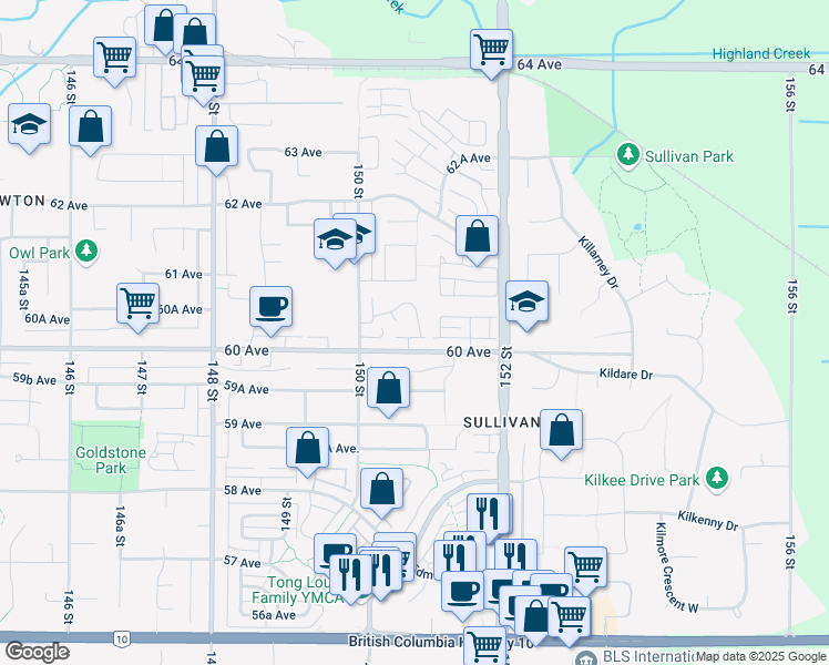 map of restaurants, bars, coffee shops, grocery stores, and more near 19 60 Avenue in Surrey