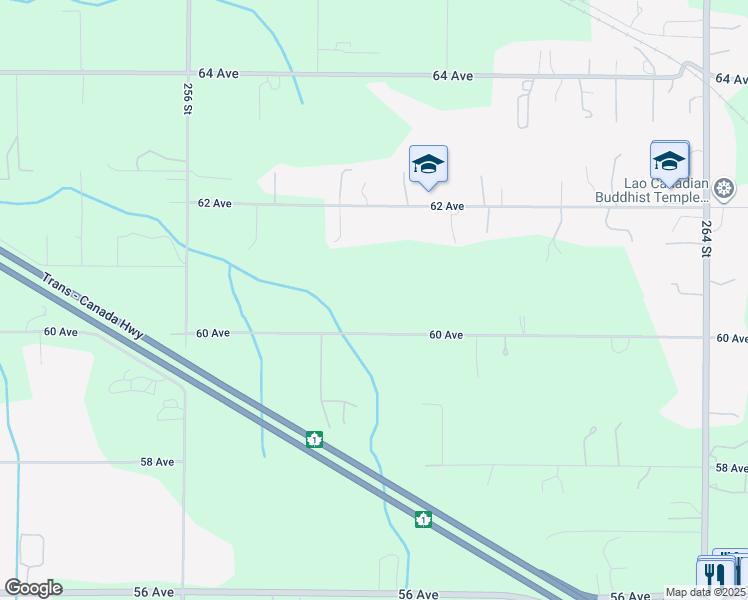 map of restaurants, bars, coffee shops, grocery stores, and more near 25887 60 Avenue in Langley Township