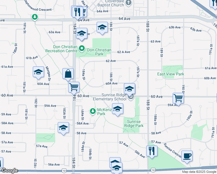map of restaurants, bars, coffee shops, grocery stores, and more near 6041 186 Street in Surrey
