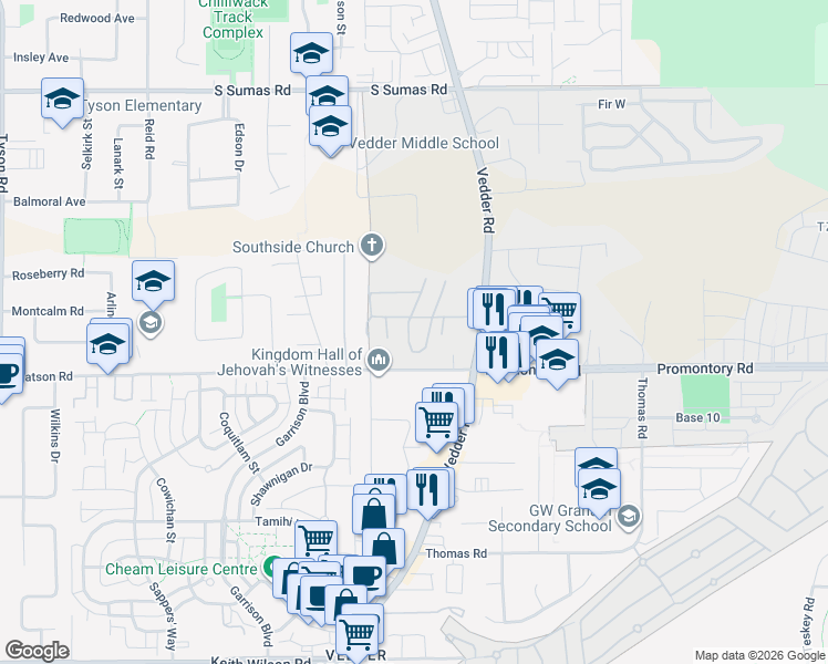 map of restaurants, bars, coffee shops, grocery stores, and more near 45696 Watson Road in Chilliwack