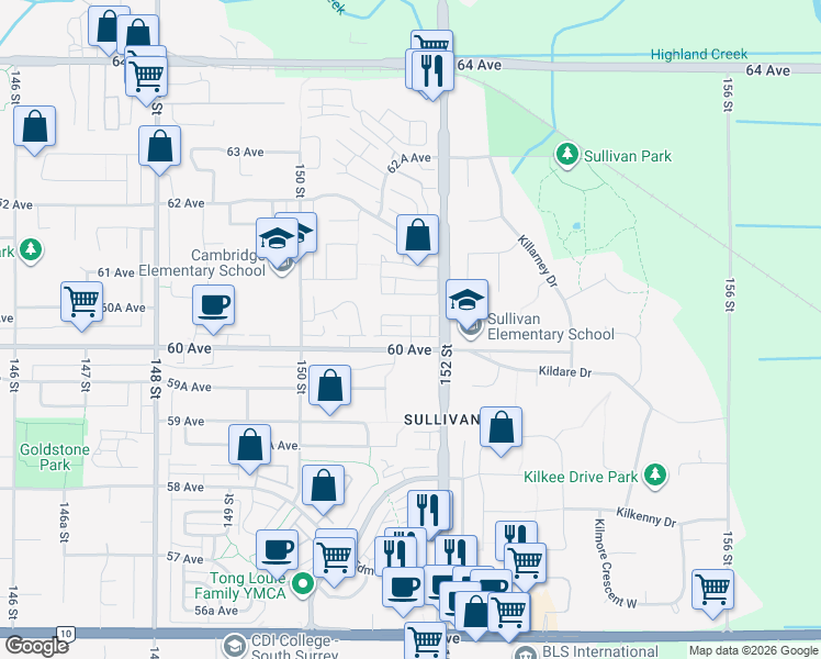 map of restaurants, bars, coffee shops, grocery stores, and more near 15177 60 Avenue in Surrey