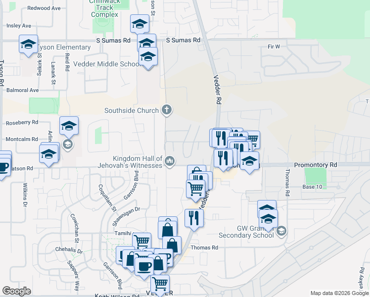 map of restaurants, bars, coffee shops, grocery stores, and more near 6035 Vedder Road in Chilliwack