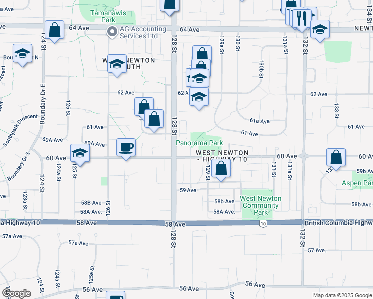 map of restaurants, bars, coffee shops, grocery stores, and more near 6021 128A Street in Surrey