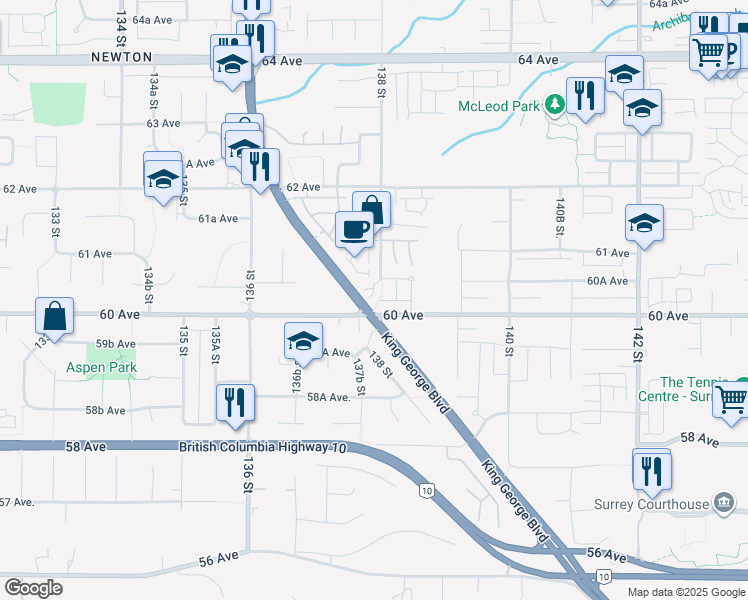map of restaurants, bars, coffee shops, grocery stores, and more near 6055 138 Street in Surrey