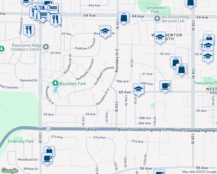 map of restaurants, bars, coffee shops, grocery stores, and more near 12397 Boundary Drive South in Surrey