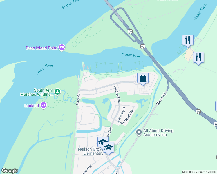 map of restaurants, bars, coffee shops, grocery stores, and more near 40 Admiral Way in Delta