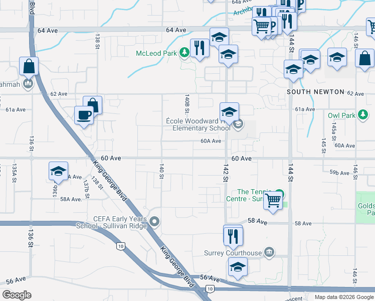 map of restaurants, bars, coffee shops, grocery stores, and more near 6035 141 Street in Surrey
