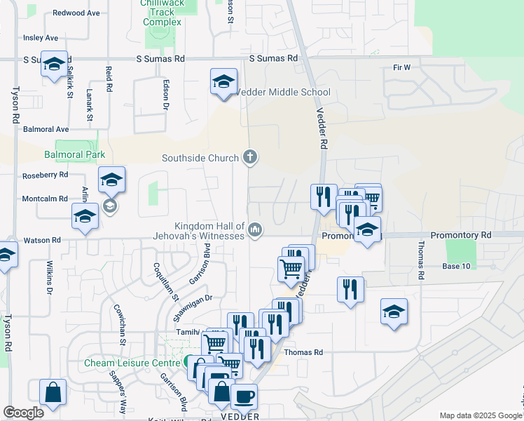 map of restaurants, bars, coffee shops, grocery stores, and more near 6035 Vedder Road in Chilliwack