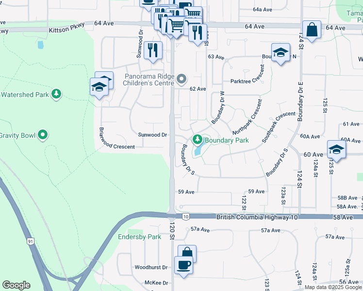 map of restaurants, bars, coffee shops, grocery stores, and more near 12044 Boundary Drive South in Surrey