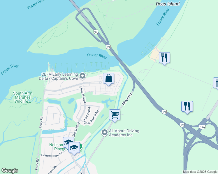 map of restaurants, bars, coffee shops, grocery stores, and more near 5550 Admiral Way in Delta