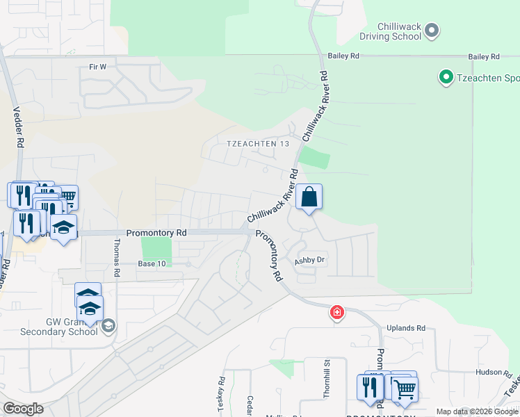 map of restaurants, bars, coffee shops, grocery stores, and more near 6025 Chilliwack River Road in Chilliwack