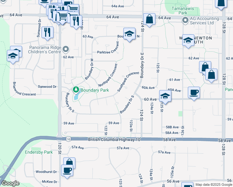 map of restaurants, bars, coffee shops, grocery stores, and more near Southpark Crescent in Surrey
