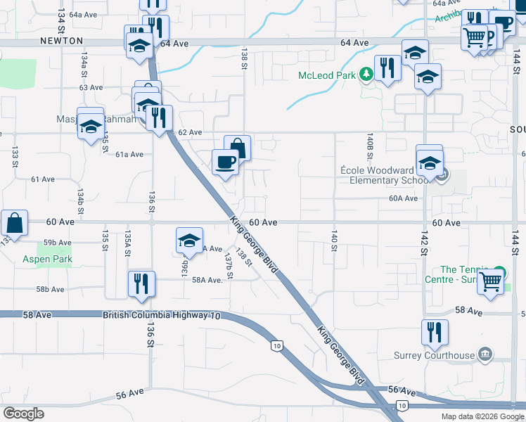 map of restaurants, bars, coffee shops, grocery stores, and more near 6015 138a Street in Surrey