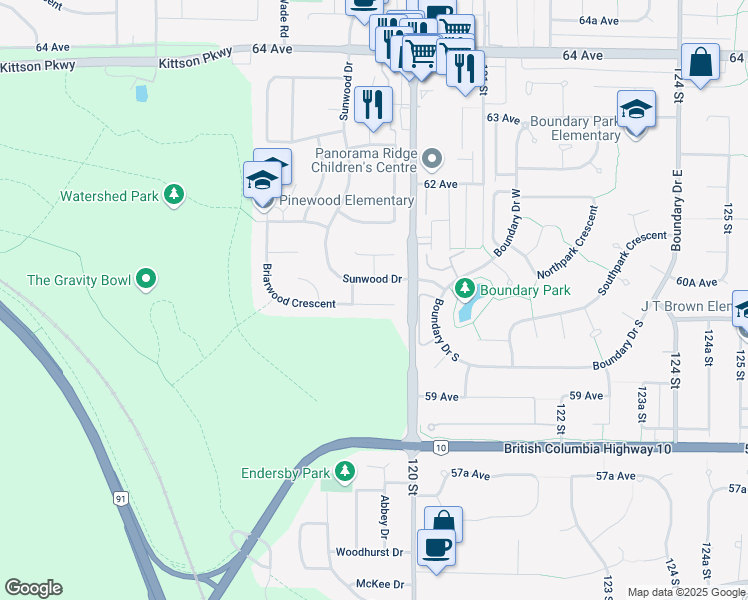 map of restaurants, bars, coffee shops, grocery stores, and more near 11943 Briarwood Place in Delta