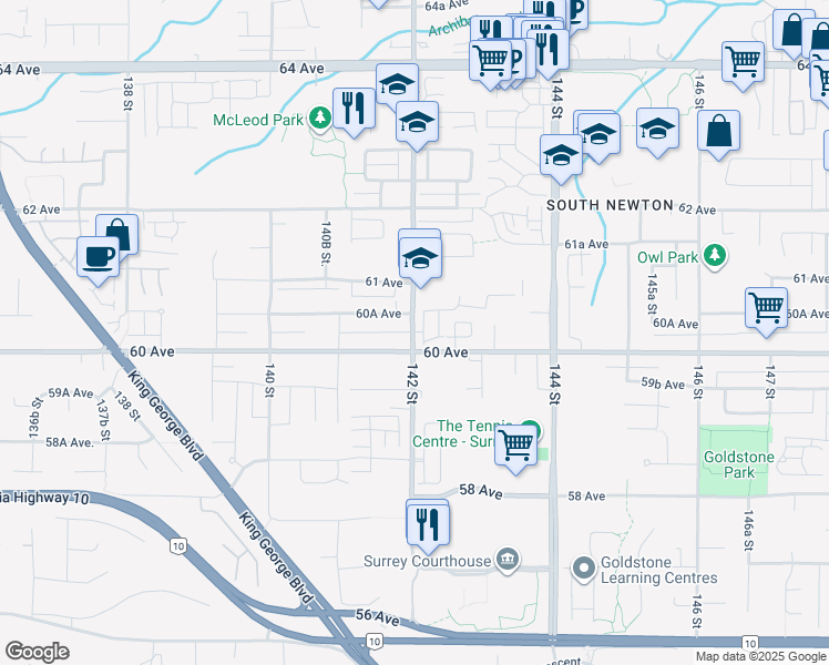 map of restaurants, bars, coffee shops, grocery stores, and more near 6030 142 Street in Surrey