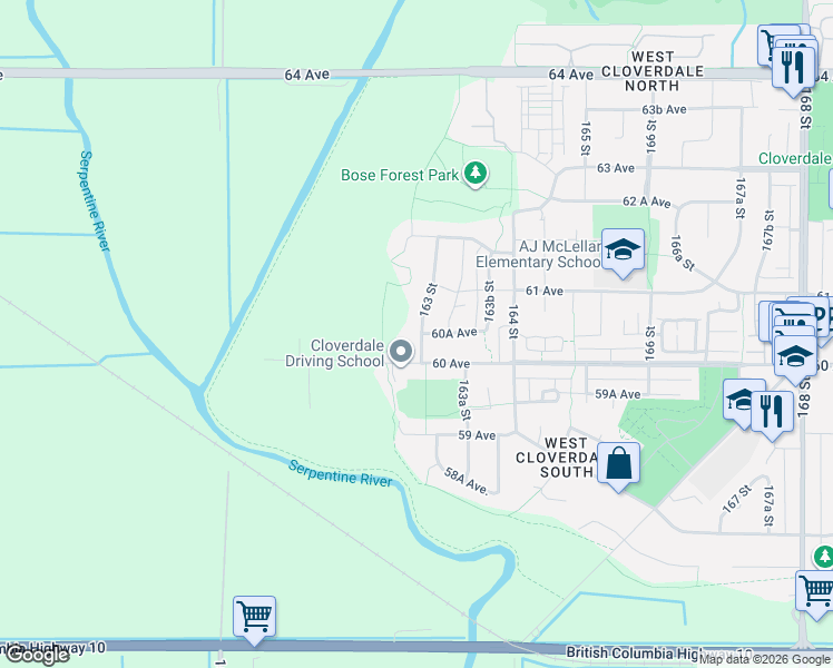 map of restaurants, bars, coffee shops, grocery stores, and more near 6067 163 Street in Surrey