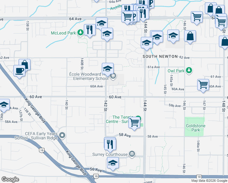 map of restaurants, bars, coffee shops, grocery stores, and more near 6030 142 Street in Surrey