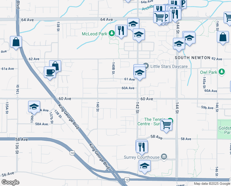 map of restaurants, bars, coffee shops, grocery stores, and more near 6035 141 Street in Surrey