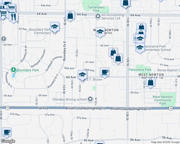 map of restaurants, bars, coffee shops, grocery stores, and more near 12580 60A Avenue in Surrey