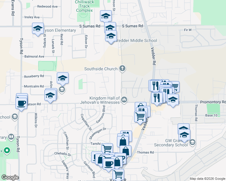 map of restaurants, bars, coffee shops, grocery stores, and more near 6161 Dundee Place in Chilliwack
