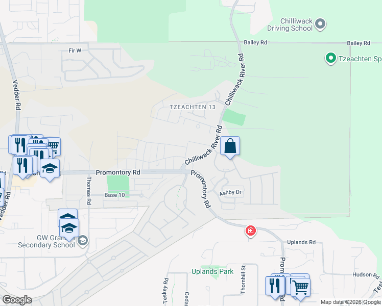 map of restaurants, bars, coffee shops, grocery stores, and more near 46295 White Raven Road in Chilliwack